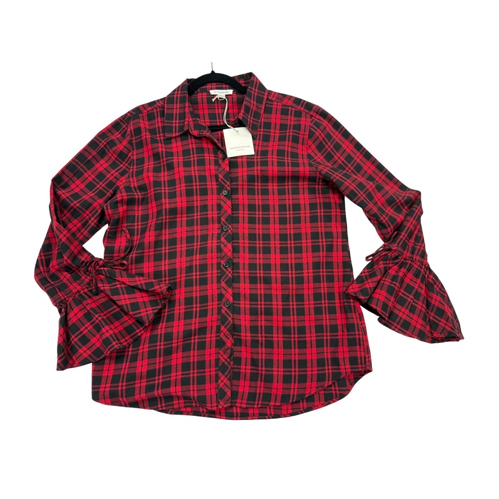 Beachlunchlounge Natalia Shirt Womens L Red New Plaid Bell Sleeve Button Down